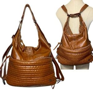 Brown Backpack Shoulder Bag Faux Leather Multipurpose Zippered Adjustable Strap